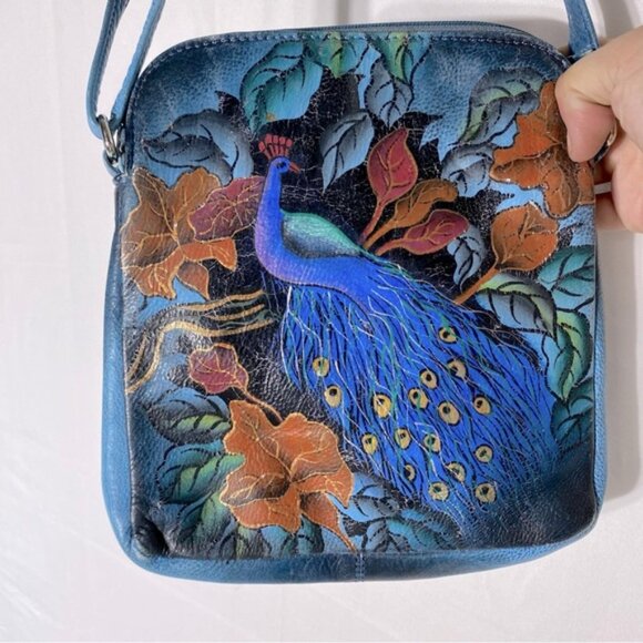 Vintage 90’s Biacci Hand Painted Peacock On Leather Crossbody Shoulder Bag Purse - Picture 14 of 16